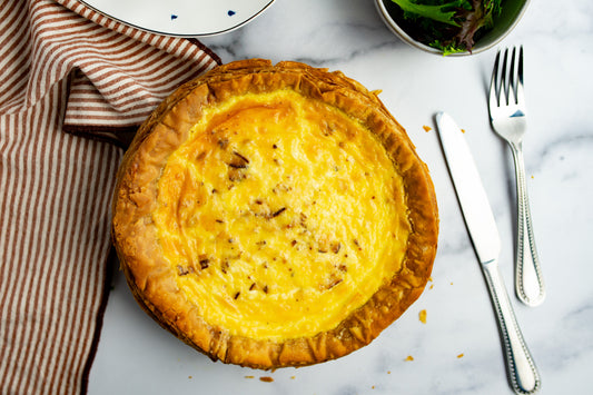 bacon, caramelized onion + goat cheese quiche - mother's day 2024